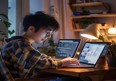 大学生在宿舍使用笔记本电脑浏览福利网站，屏幕显示学生专属优惠界面，温馨的学习生活场景
